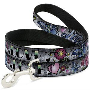 NEW!! Buckle-Down 4ft Black Grey Love Tattoo Series Dog Leash - Made in the USA!